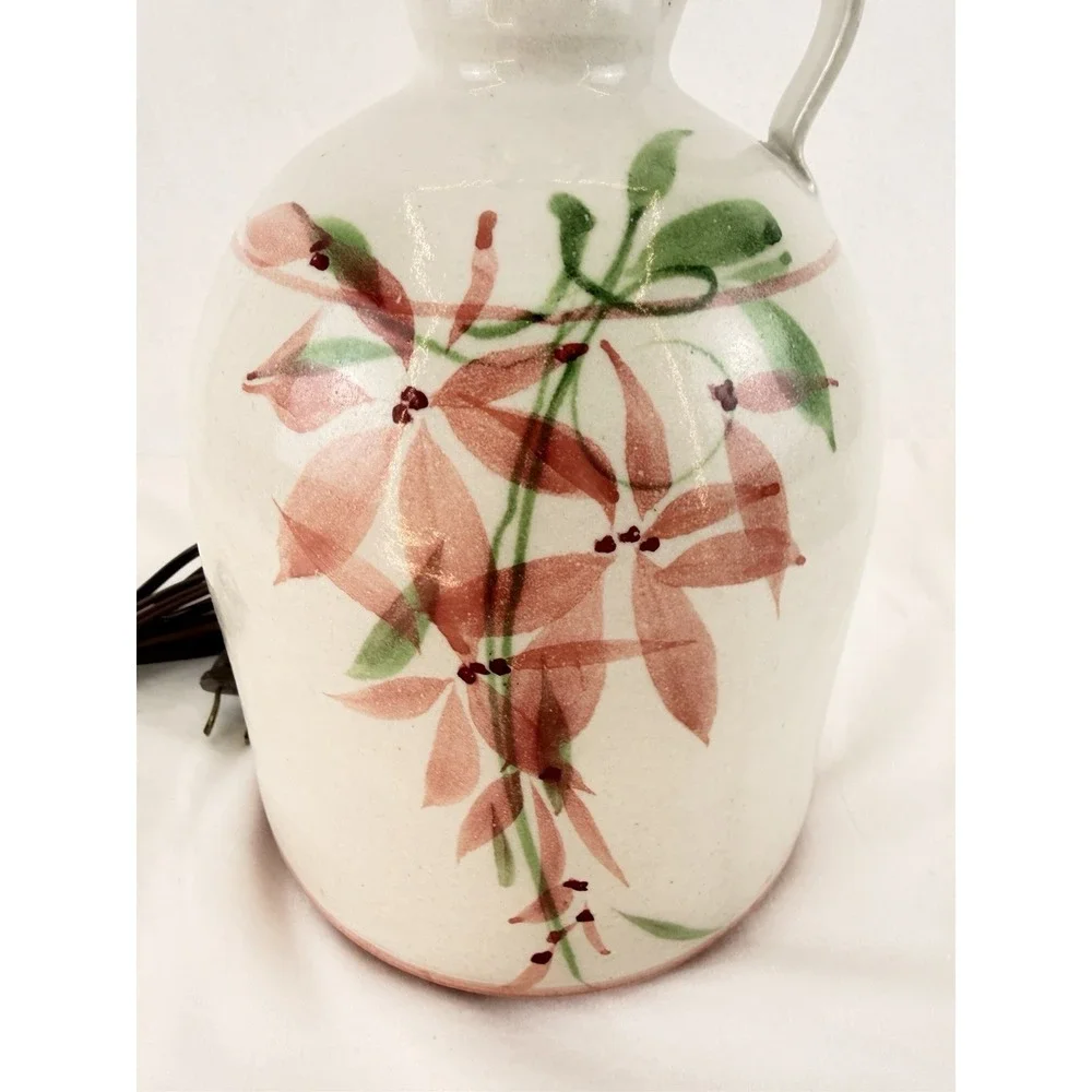 Vintage Hand Painted Floral Ceramic Jug Table Lamp Brass Harp Working